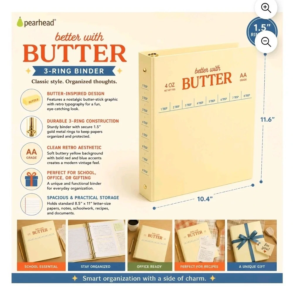 Pearhead 3-Ring Binder Yellow New Retro Butter Stick 1.5 Inch Gold Ring